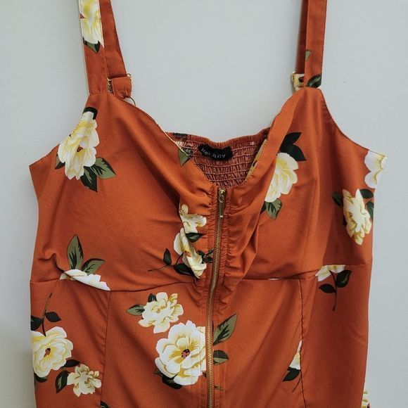 NEW GLORY Orange Floral Print Center Zip Tank Top, Large - Picture 4 of 13